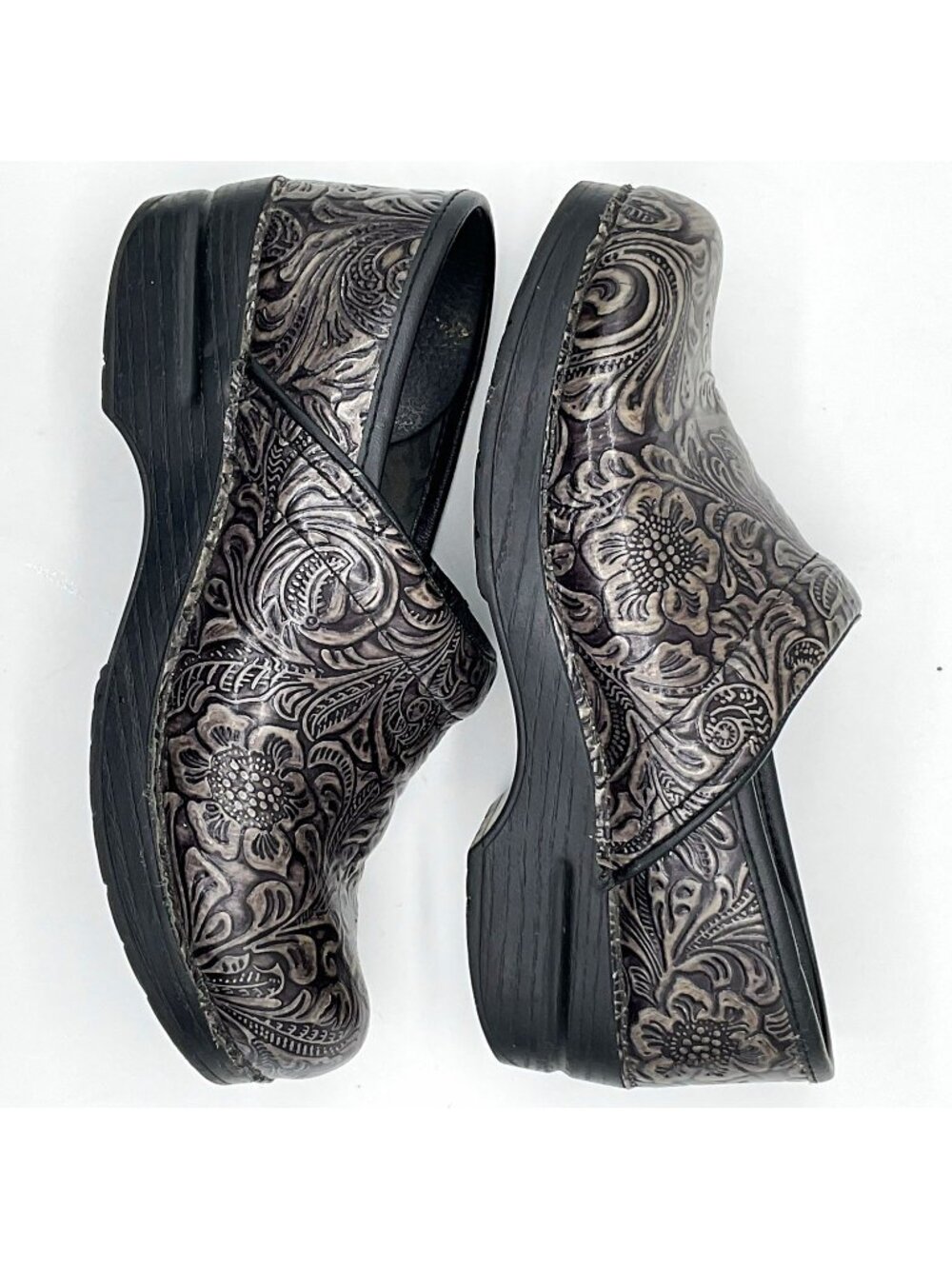 Dansko Size 38 Wide Floral Tooled Leather Professional Clogs Brown Black